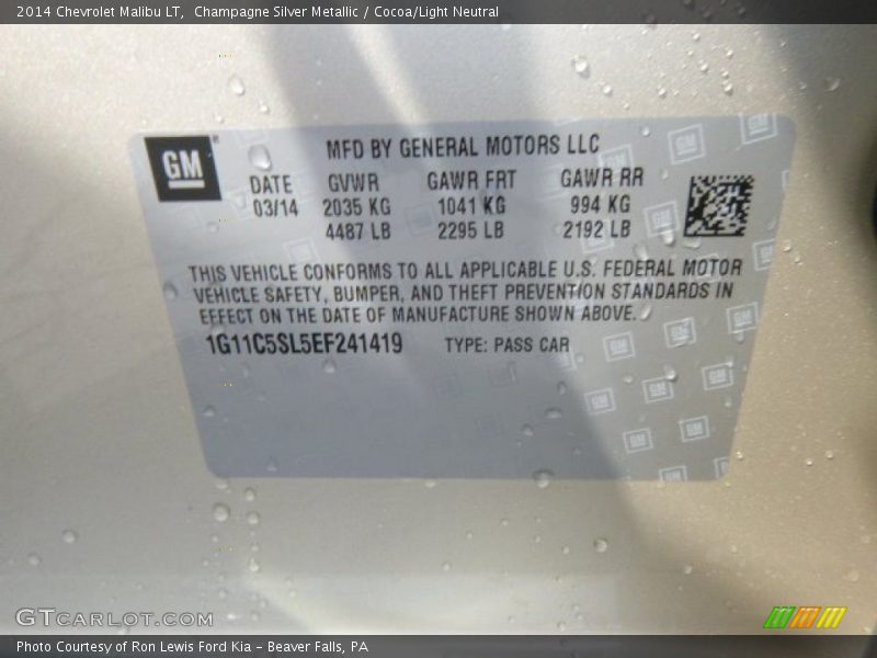 Champagne Silver Metallic / Cocoa/Light Neutral 2014 Chevrolet Malibu LT