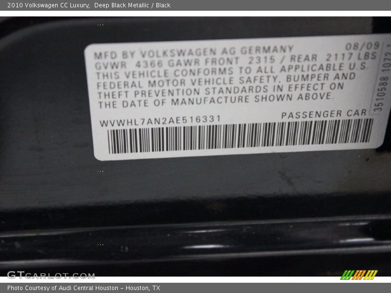 Deep Black Metallic / Black 2010 Volkswagen CC Luxury
