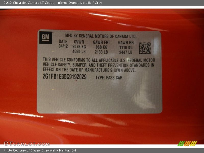 Inferno Orange Metallic / Gray 2012 Chevrolet Camaro LT Coupe