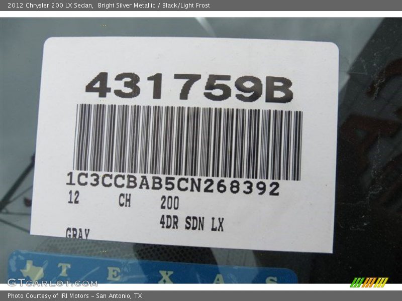 Bright Silver Metallic / Black/Light Frost 2012 Chrysler 200 LX Sedan