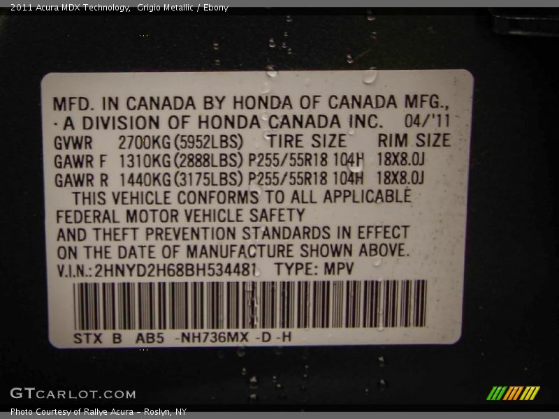 Grigio Metallic / Ebony 2011 Acura MDX Technology