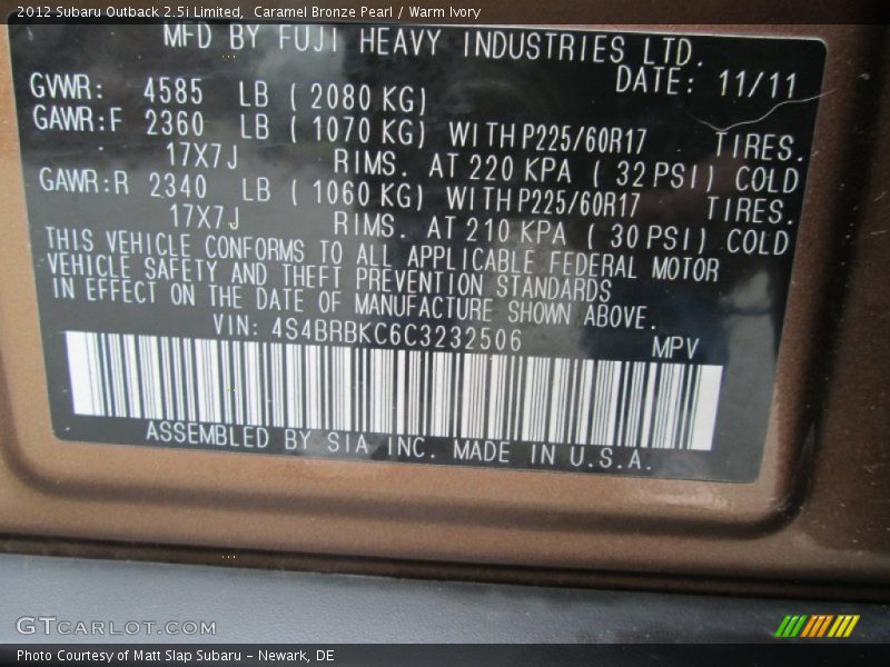 Caramel Bronze Pearl / Warm Ivory 2012 Subaru Outback 2.5i Limited