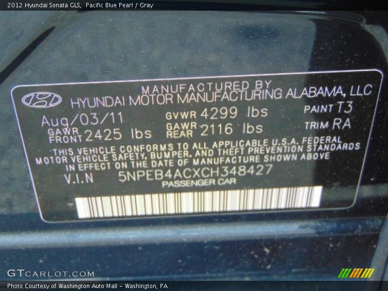 Pacific Blue Pearl / Gray 2012 Hyundai Sonata GLS