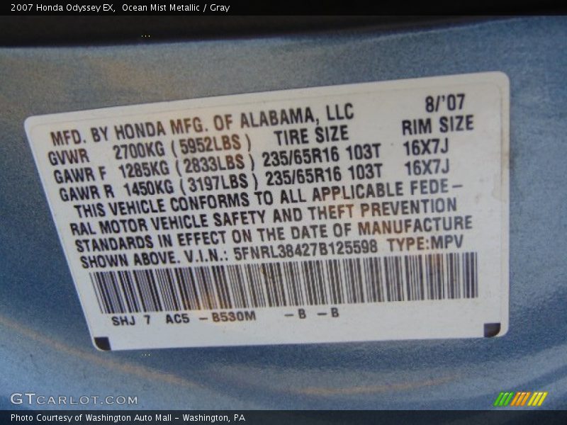 Ocean Mist Metallic / Gray 2007 Honda Odyssey EX