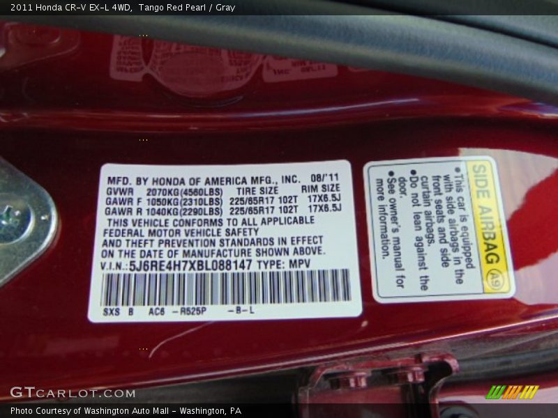 Tango Red Pearl / Gray 2011 Honda CR-V EX-L 4WD