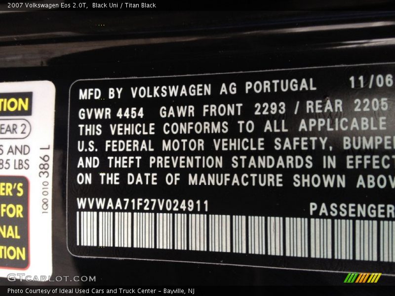 Black Uni / Titan Black 2007 Volkswagen Eos 2.0T