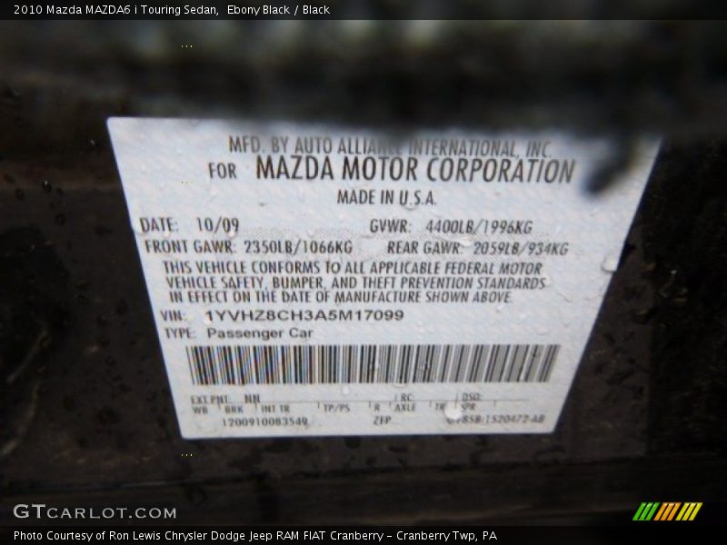 Ebony Black / Black 2010 Mazda MAZDA6 i Touring Sedan