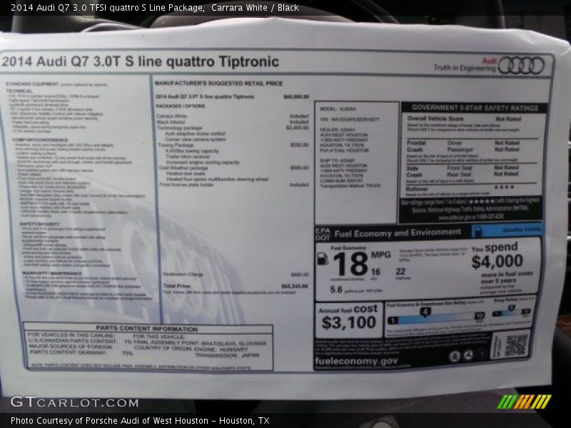  2014 Q7 3.0 TFSI quattro S Line Package Window Sticker