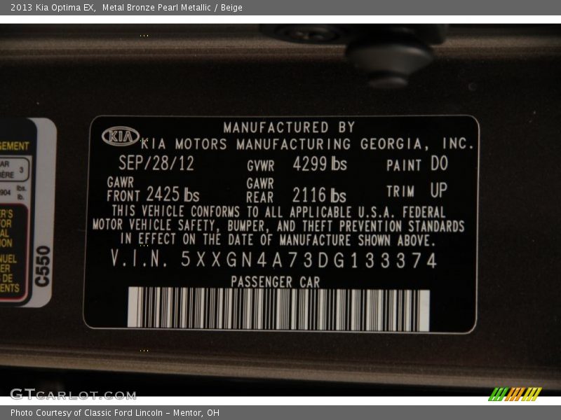 Metal Bronze Pearl Metallic / Beige 2013 Kia Optima EX