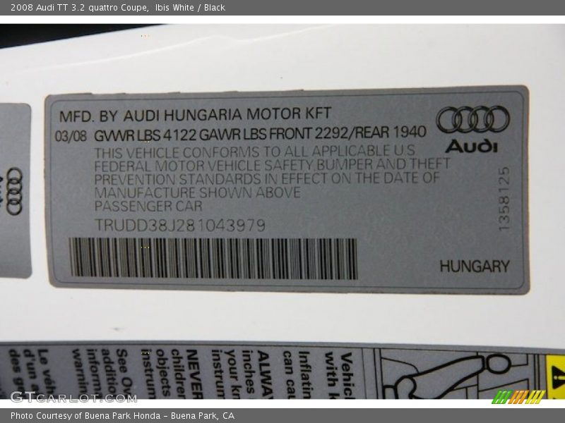 Ibis White / Black 2008 Audi TT 3.2 quattro Coupe