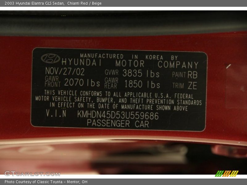 2003 Elantra GLS Sedan Chianti Red Color Code RB