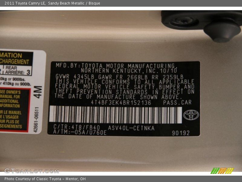 Sandy Beach Metallic / Bisque 2011 Toyota Camry LE