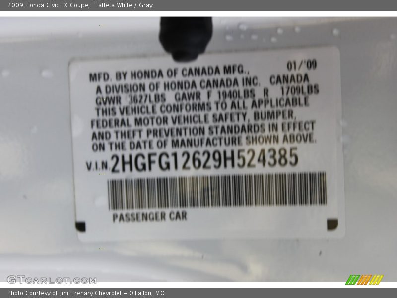 Taffeta White / Gray 2009 Honda Civic LX Coupe