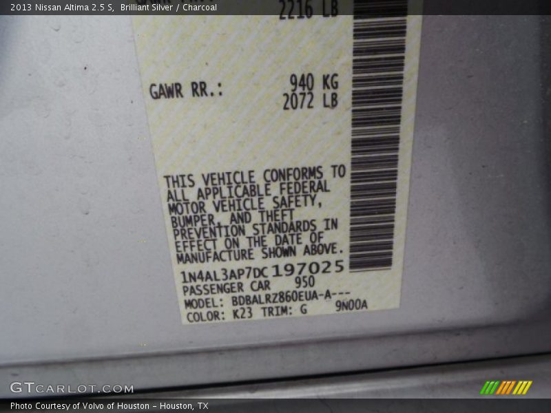 Brilliant Silver / Charcoal 2013 Nissan Altima 2.5 S