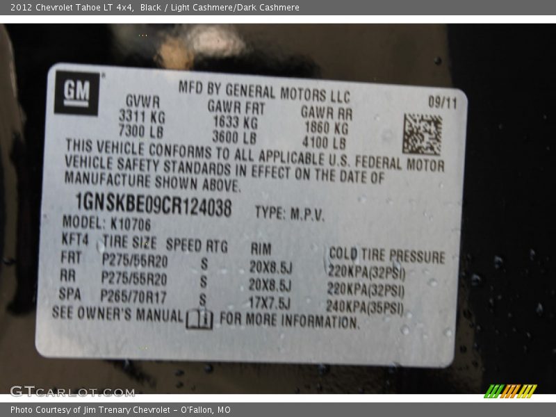 Black / Light Cashmere/Dark Cashmere 2012 Chevrolet Tahoe LT 4x4