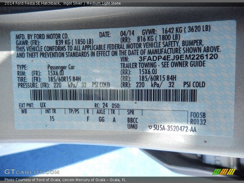 Ingot Silver / Medium Light Stone 2014 Ford Fiesta SE Hatchback