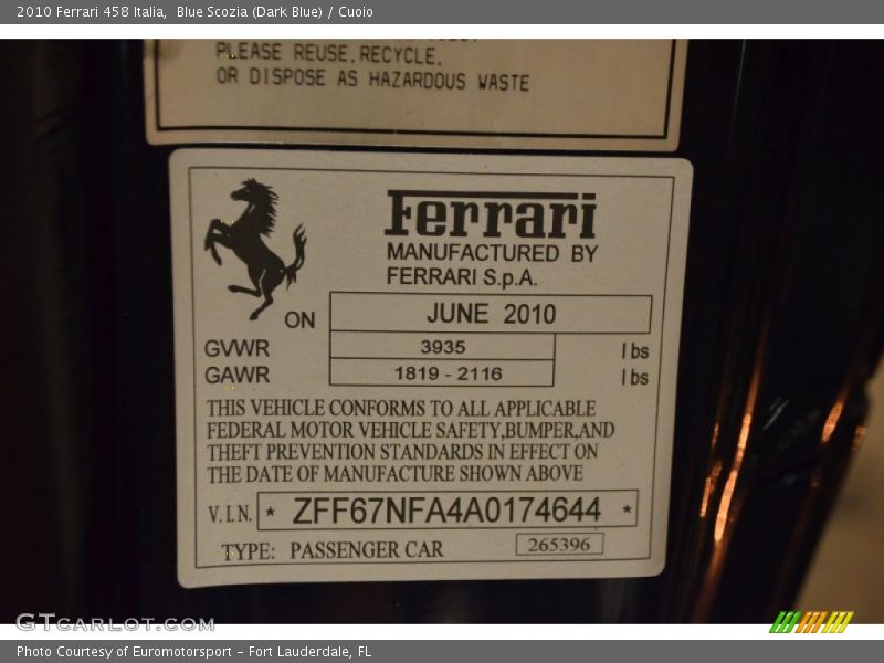 Blue Scozia (Dark Blue) / Cuoio 2010 Ferrari 458 Italia