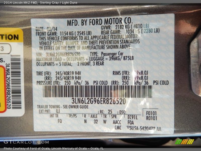 2014 MKZ FWD Sterling Gray Color Code UJ