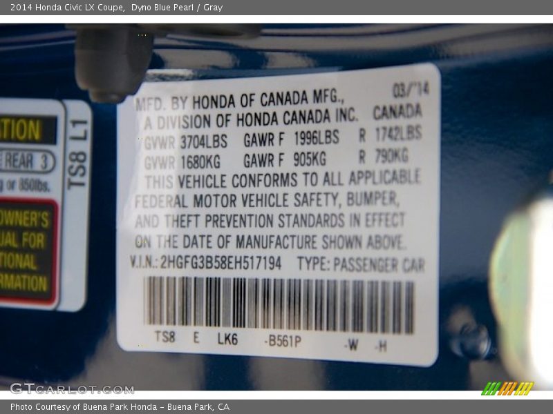 Dyno Blue Pearl / Gray 2014 Honda Civic LX Coupe