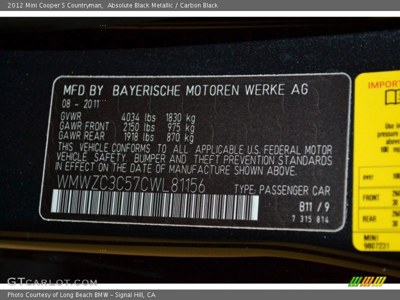 Absolute Black Metallic / Carbon Black 2012 Mini Cooper S Countryman