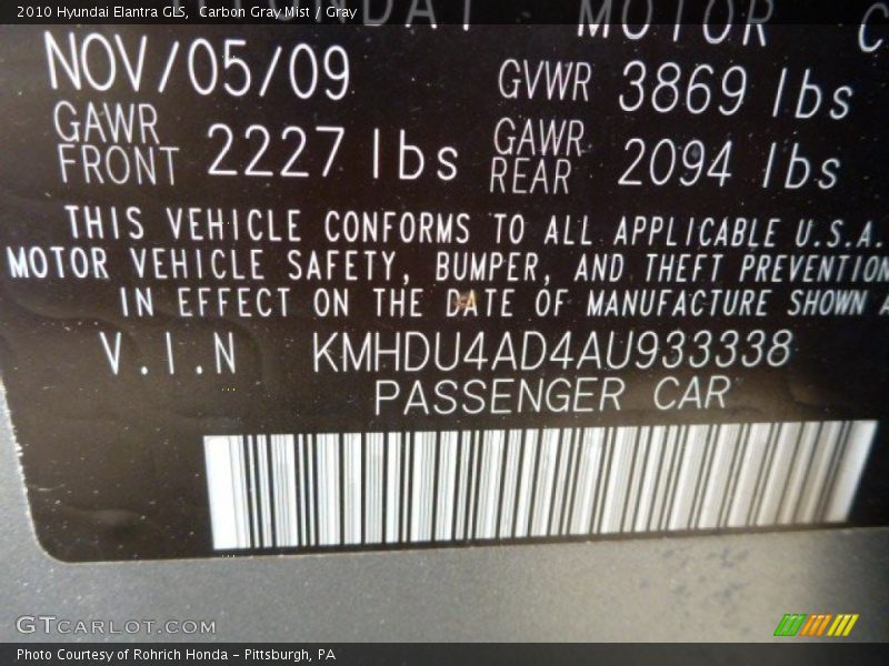 Carbon Gray Mist / Gray 2010 Hyundai Elantra GLS