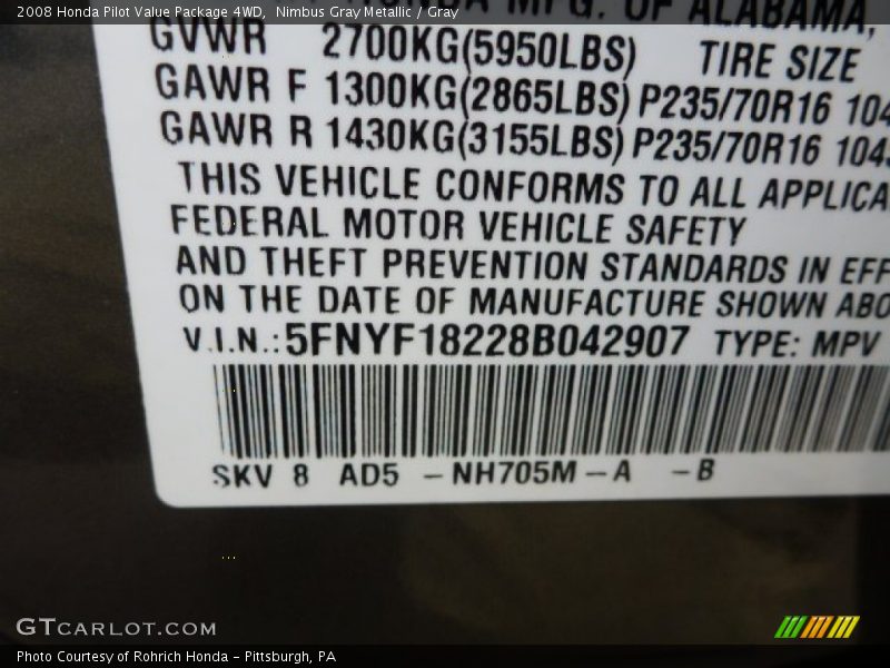 Nimbus Gray Metallic / Gray 2008 Honda Pilot Value Package 4WD