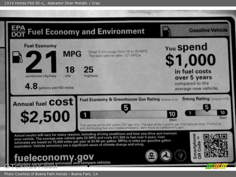 Alabaster Silver Metallic / Gray 2014 Honda Pilot EX-L