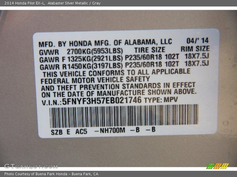 Alabaster Silver Metallic / Gray 2014 Honda Pilot EX-L