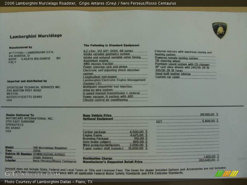 Grigio Antares (Grey) / Nero Perseus/Rosso Centaurus 2006 Lamborghini Murcielago Roadster