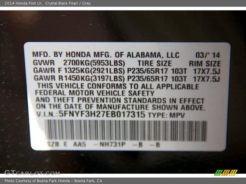 Crystal Black Pearl / Gray 2014 Honda Pilot LX