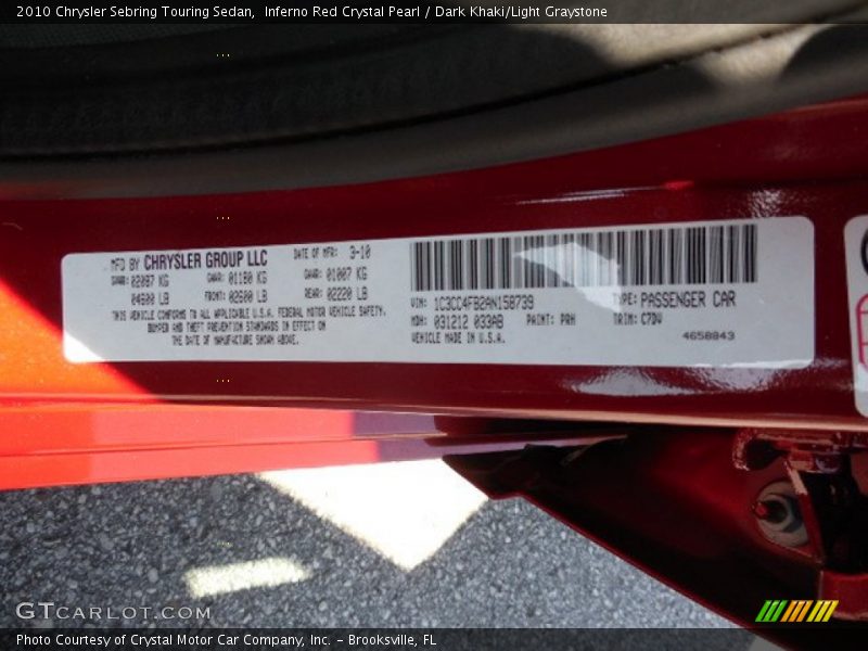 Inferno Red Crystal Pearl / Dark Khaki/Light Graystone 2010 Chrysler Sebring Touring Sedan