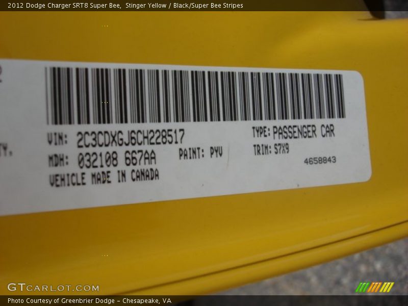 Stinger Yellow / Black/Super Bee Stripes 2012 Dodge Charger SRT8 Super Bee