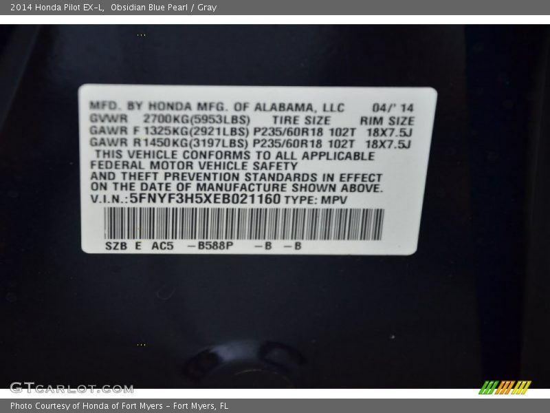Obsidian Blue Pearl / Gray 2014 Honda Pilot EX-L