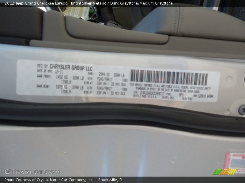 Bright Silver Metallic / Dark Graystone/Medium Graystone 2012 Jeep Grand Cherokee Laredo