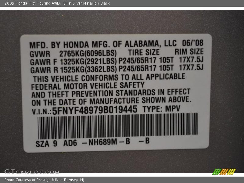 Billet Silver Metallic / Black 2009 Honda Pilot Touring 4WD