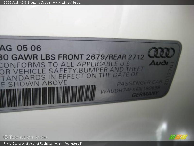 Arctic White / Beige 2006 Audi A6 3.2 quattro Sedan