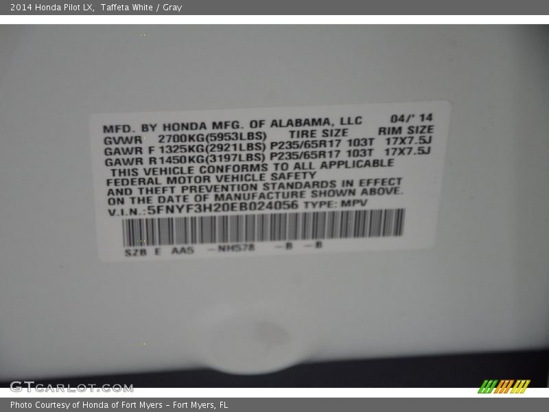 Taffeta White / Gray 2014 Honda Pilot LX