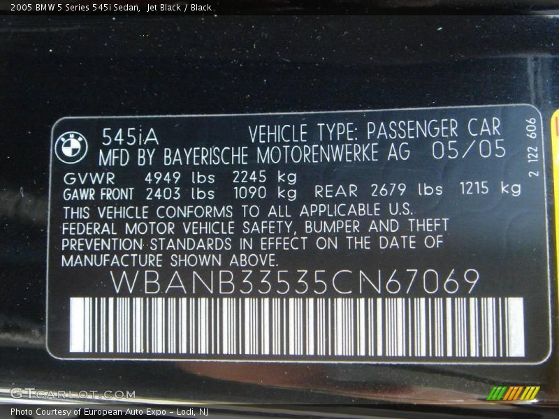 Jet Black / Black 2005 BMW 5 Series 545i Sedan