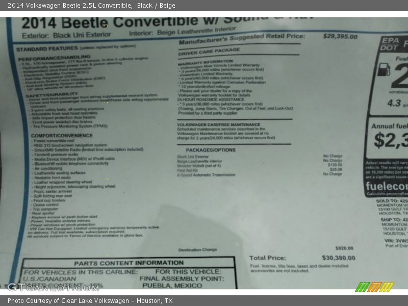 Black / Beige 2014 Volkswagen Beetle 2.5L Convertible