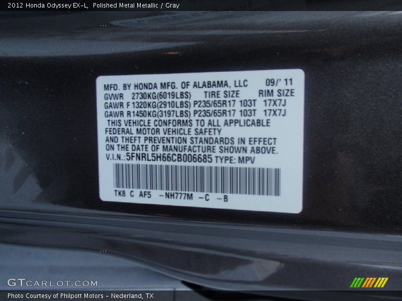 Polished Metal Metallic / Gray 2012 Honda Odyssey EX-L