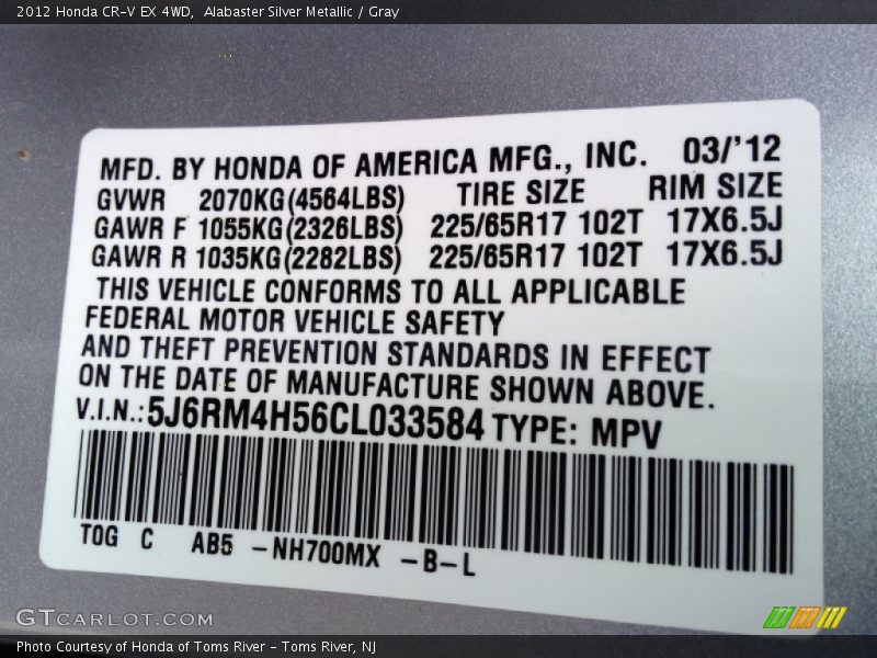 Alabaster Silver Metallic / Gray 2012 Honda CR-V EX 4WD