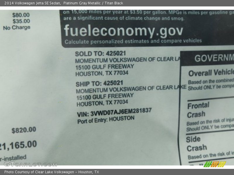 Platinum Gray Metallic / Titan Black 2014 Volkswagen Jetta SE Sedan