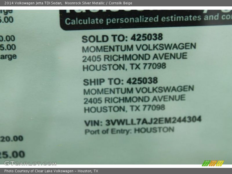Moonrock Silver Metallic / Cornsilk Beige 2014 Volkswagen Jetta TDI Sedan