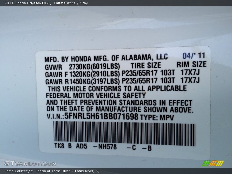 Taffeta White / Gray 2011 Honda Odyssey EX-L