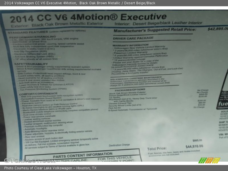  2014 CC V6 Executive 4Motion Window Sticker