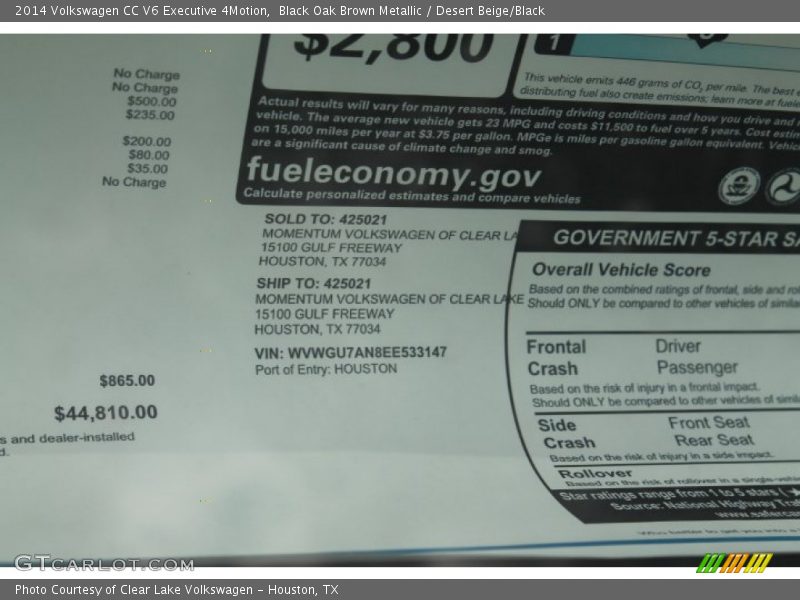  2014 CC V6 Executive 4Motion Window Sticker