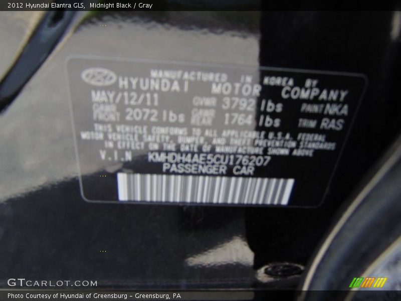 Midnight Black / Gray 2012 Hyundai Elantra GLS