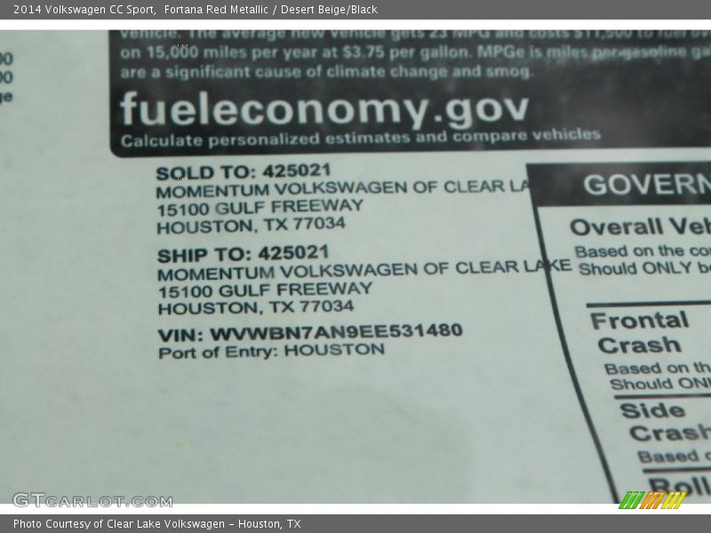 Fortana Red Metallic / Desert Beige/Black 2014 Volkswagen CC Sport