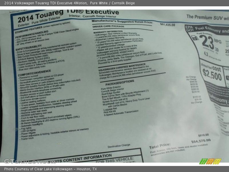 Pure White / Cornsilk Beige 2014 Volkswagen Touareg TDI Executive 4Motion