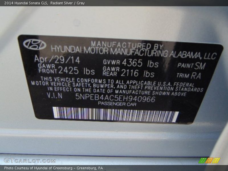 Radiant Silver / Gray 2014 Hyundai Sonata GLS